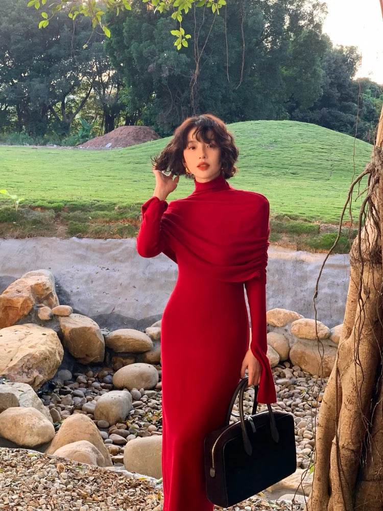 High Neck Shawl and Long Sleeve Maxi Dress Set