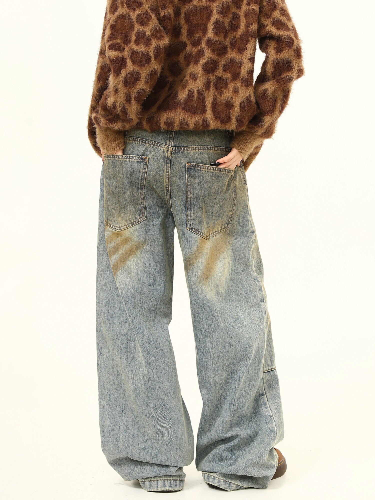 Wide-Leg Distressed Vintage Wash Jeans