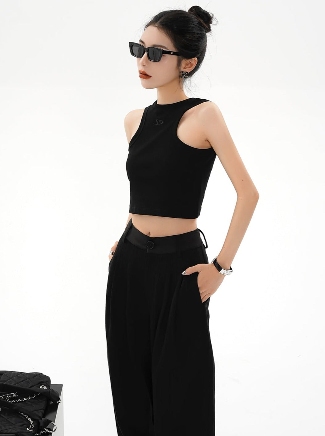 Sleeveless High Neck Crop Top - Ribbed Knit Fitted Tank