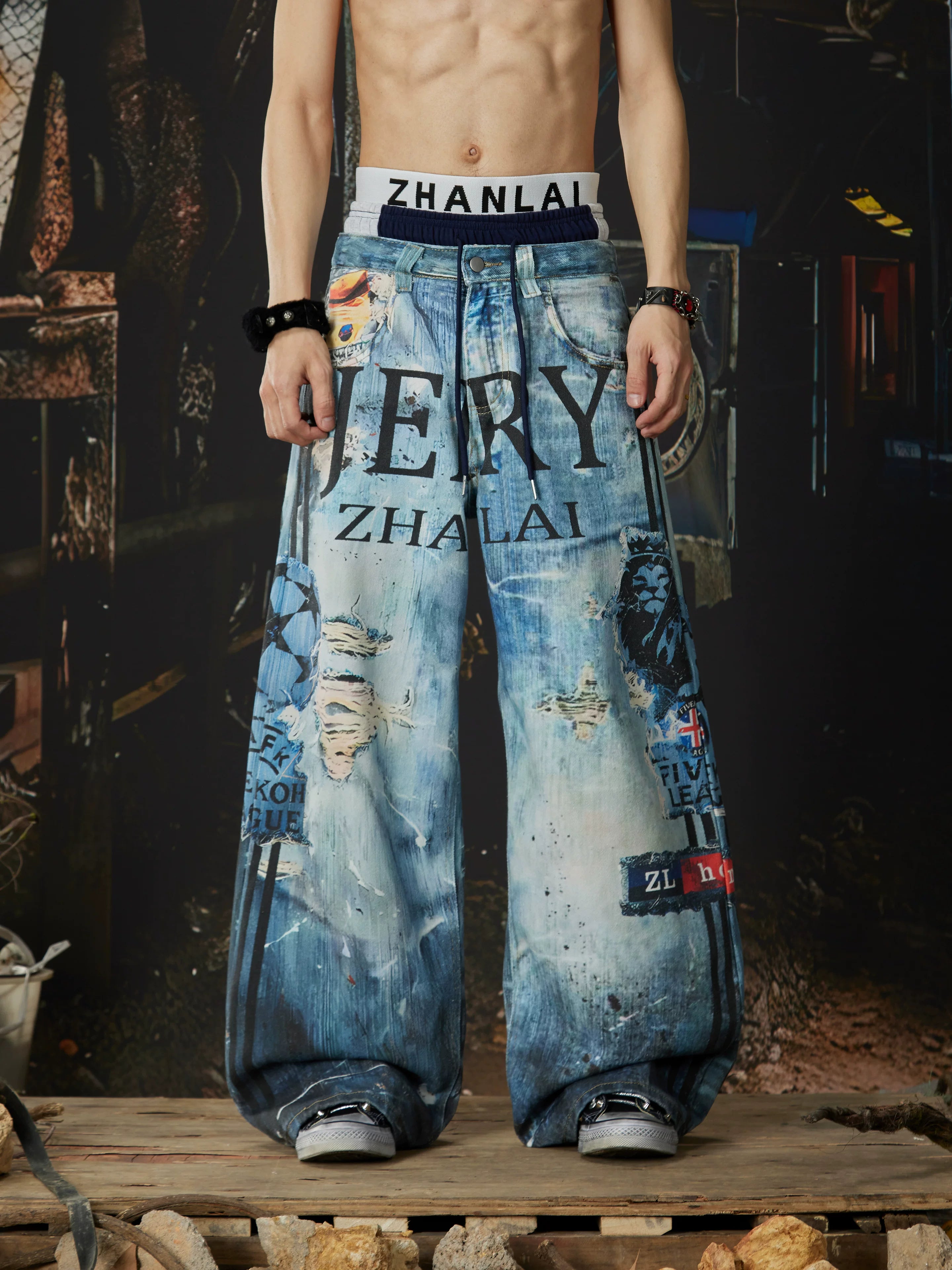 Distressed Ocean-Wash Jogger Jeans