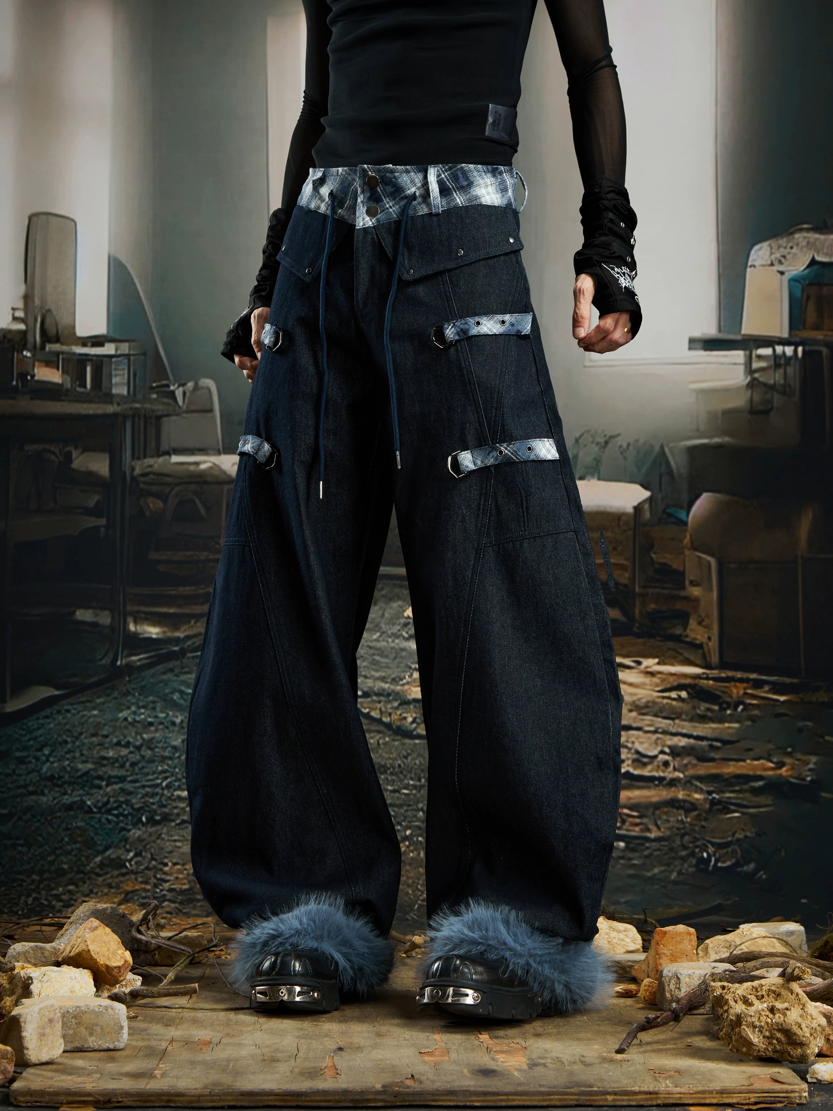 Crimson Plaid Fetters Fur Hem Pants