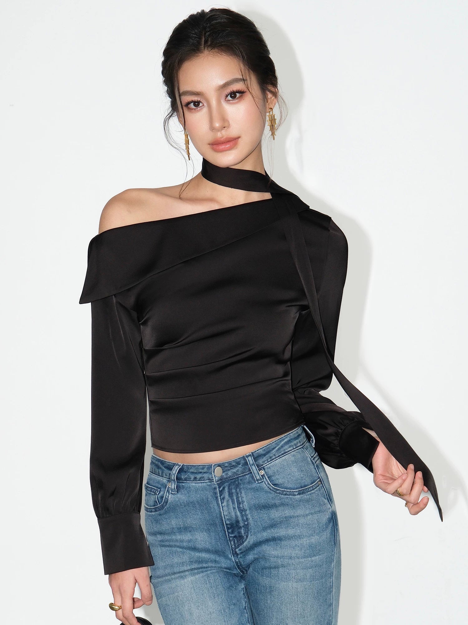 Asymmetric Choker Satin Ruched Blouse