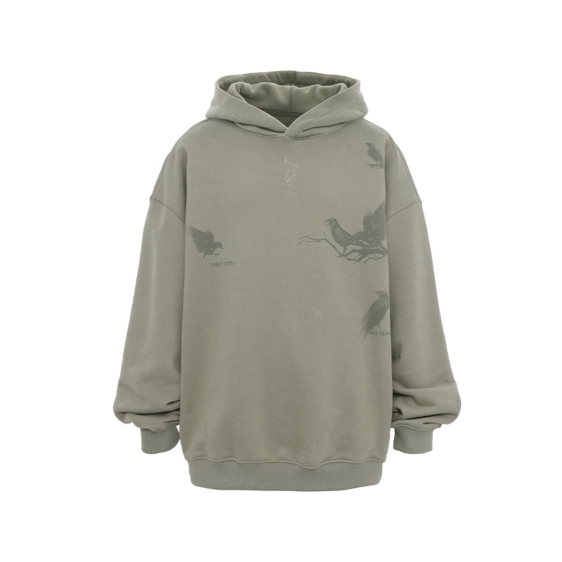 Flying Bird Print Hoodie with Embroidered Logo - chiclara