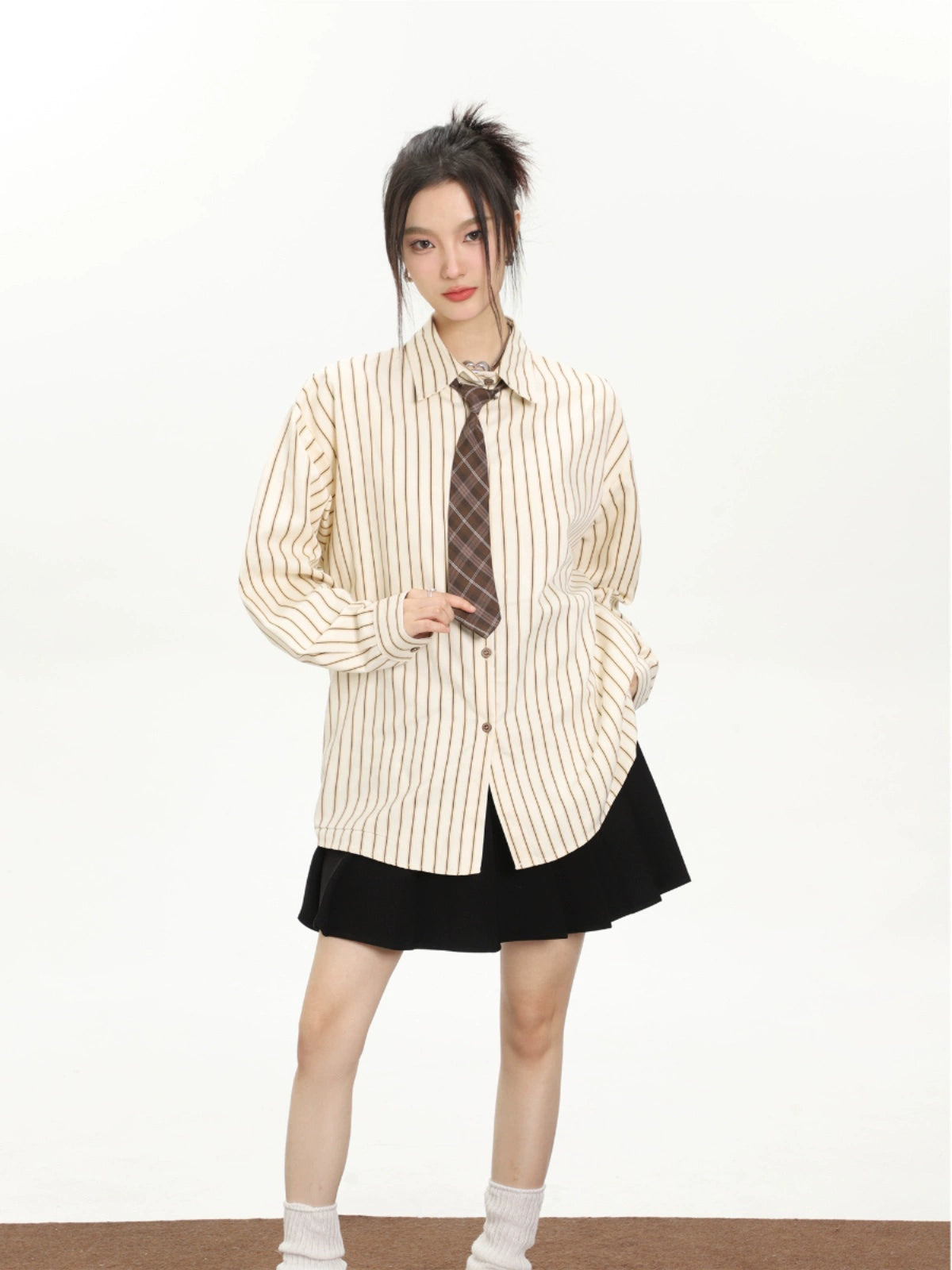 Vintage Basic Vertical Striped Long Sleeve Shirt