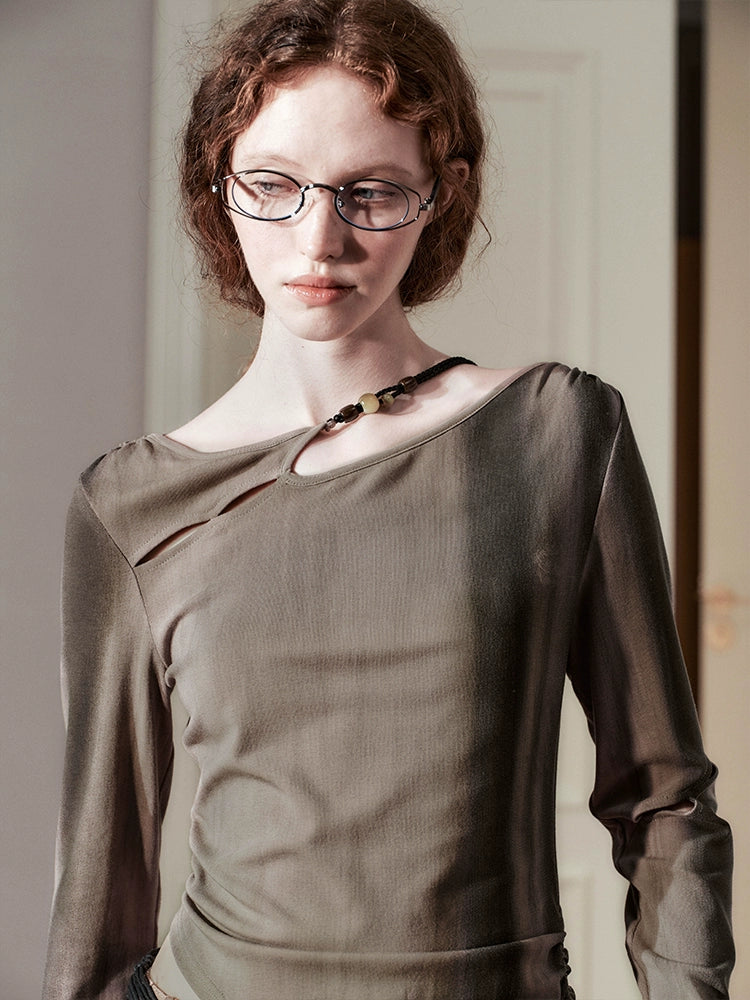 Asymmetrical Sheer Long Sleeve Top with Beaded Strap