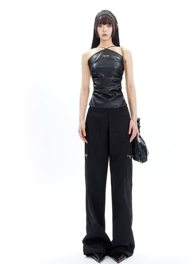 Wide-Leg Cargo Pants with Collar Waistband