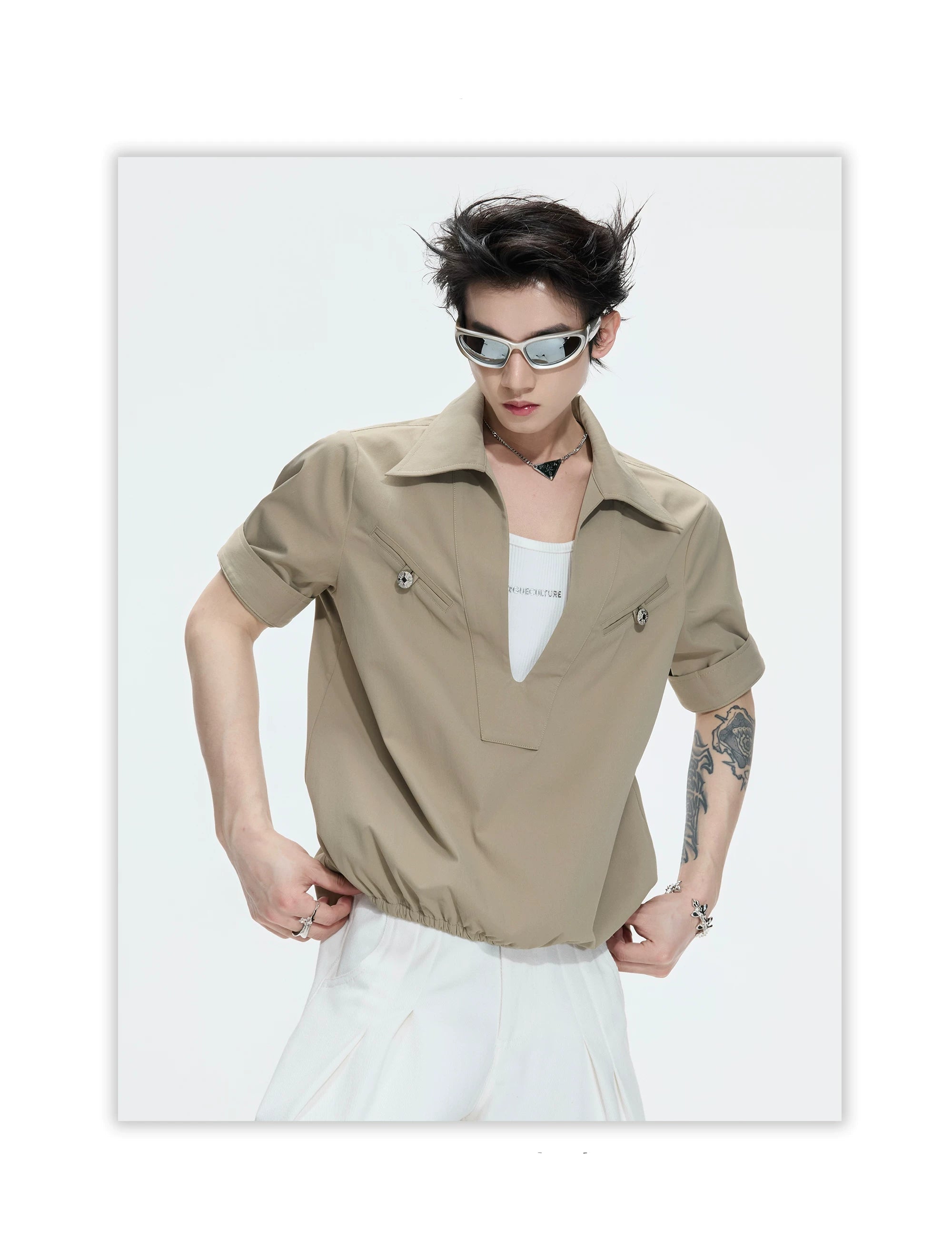 Deep V Neck Utility Pocket Shirt