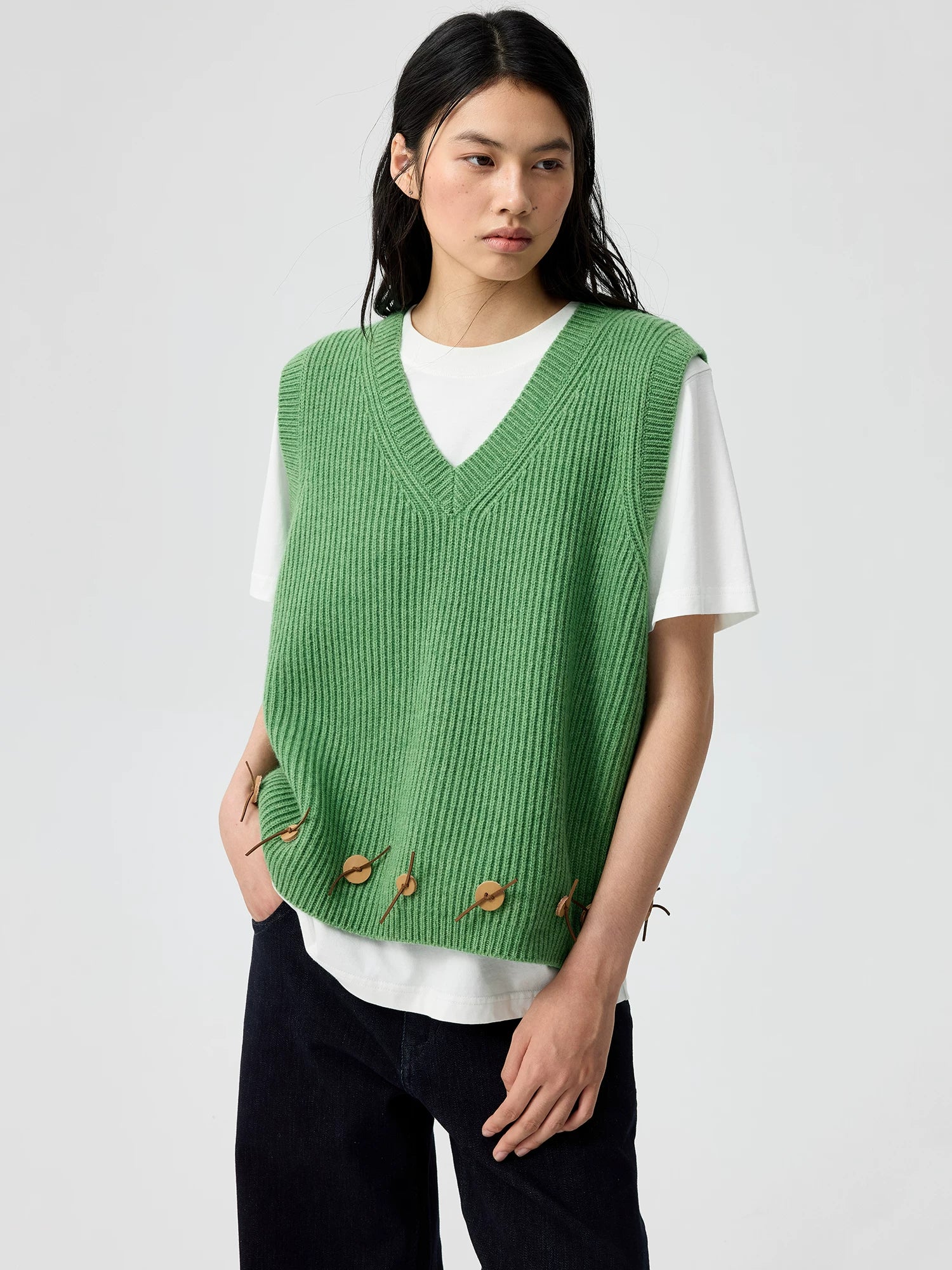 Embroidered Ribbed Button Knit Vest