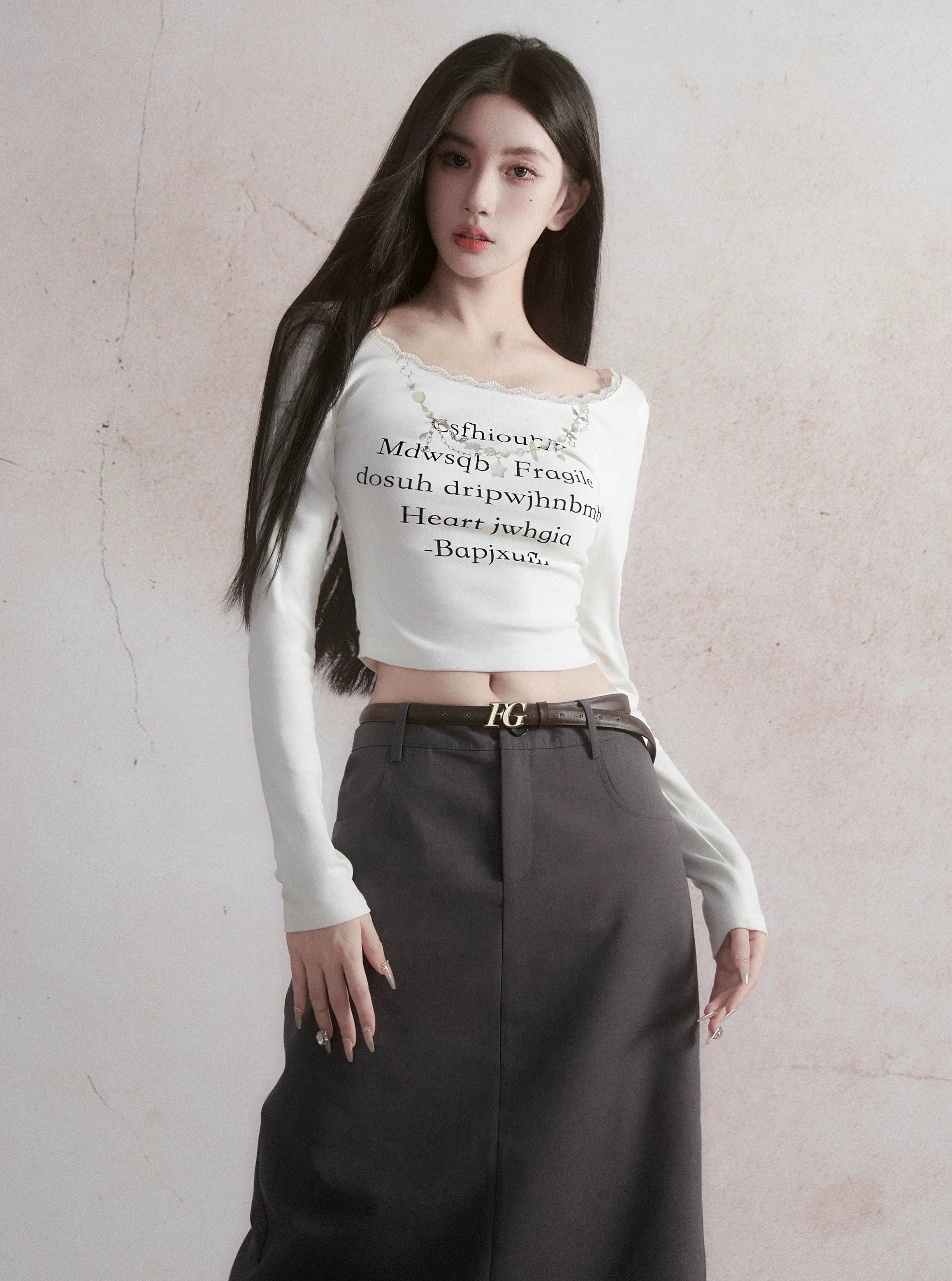 Poetic Script Long Sleeve Fitted Crop Top