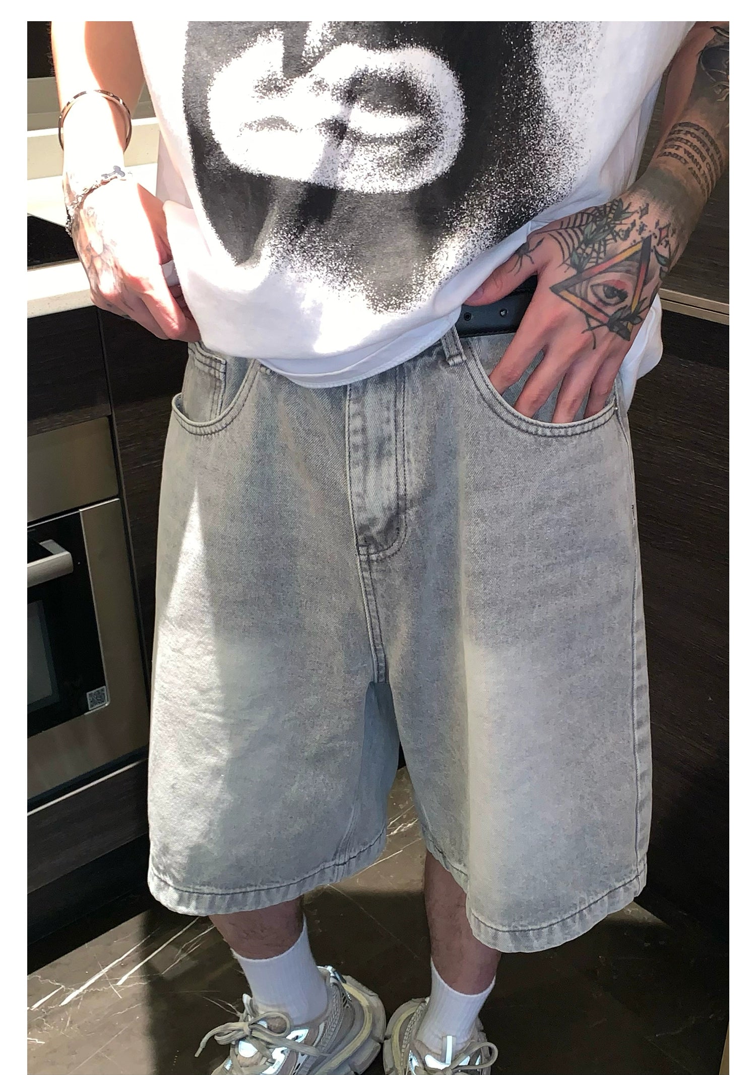 Faded Denim Shorts with Distressed Wash