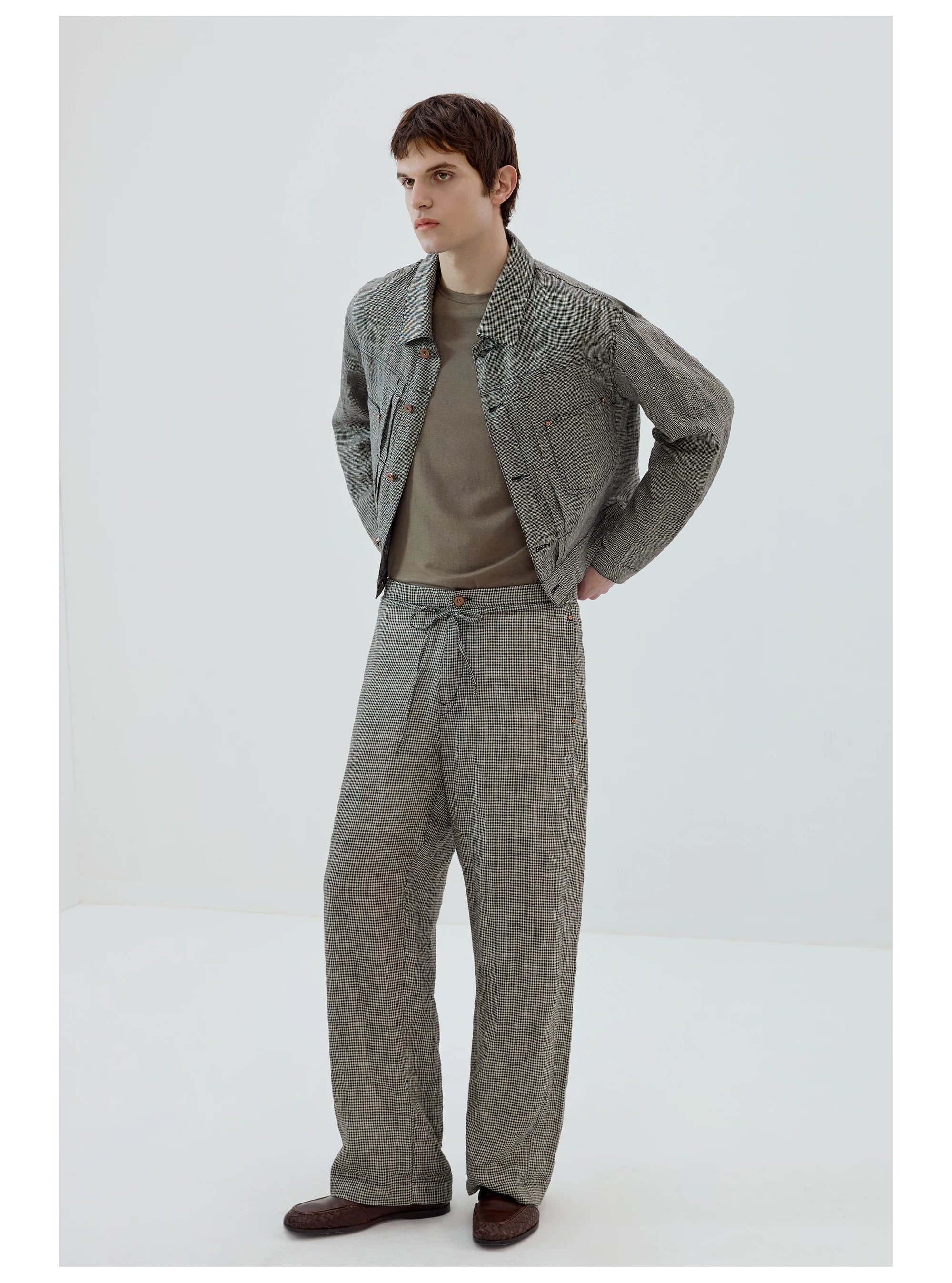 Microcheck Drawstring Wide-Leg Pants