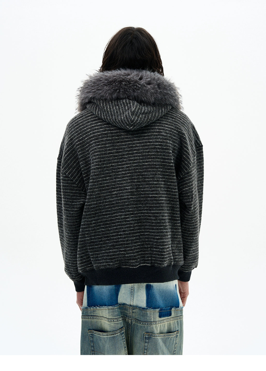 Striped Faux Fur Collar Zip Hoodie