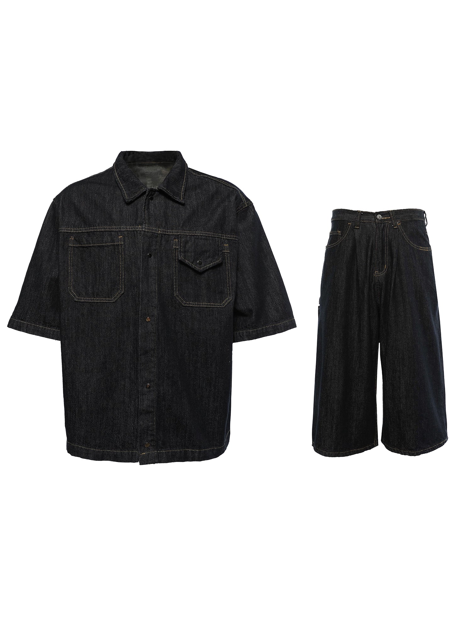 Washed Oversize Short Sleeve Denim Shirt & Half Denim Jeans Set