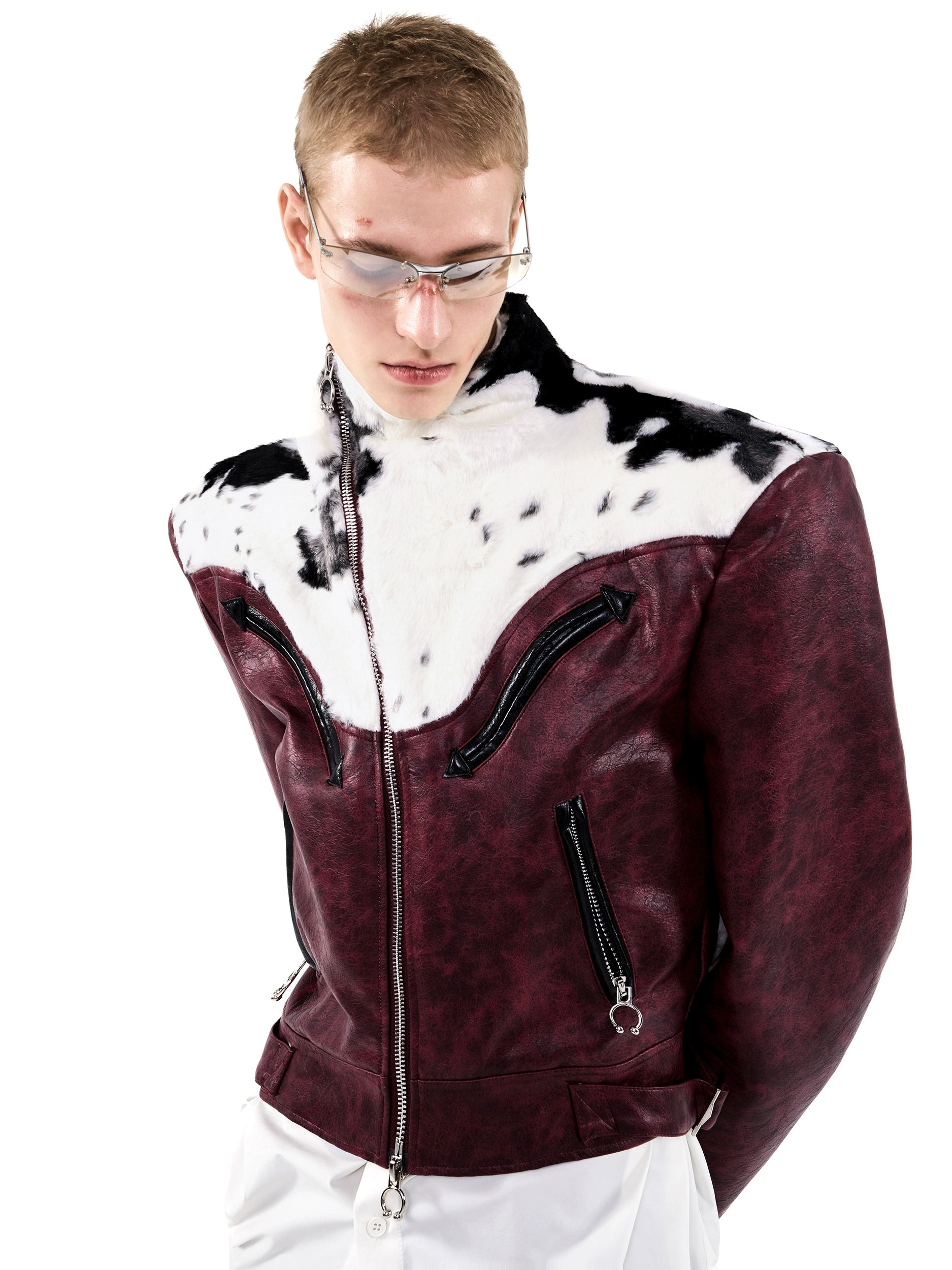 Cow Print Panel Moto Jacket