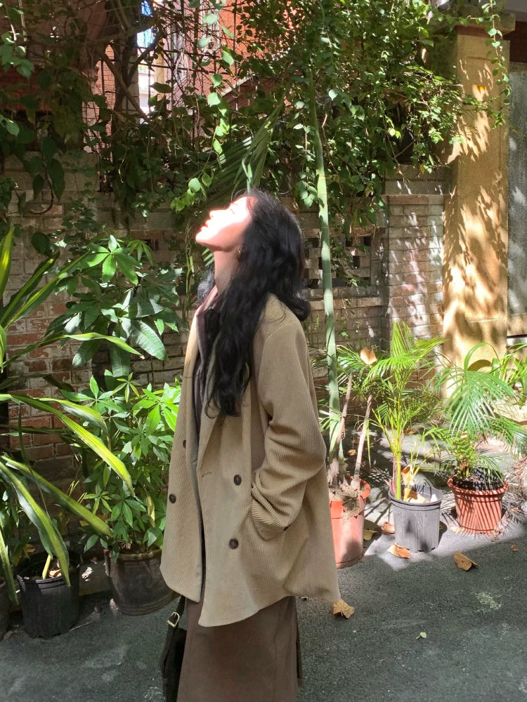 Double-Breasted Relaxed Camel Blazer