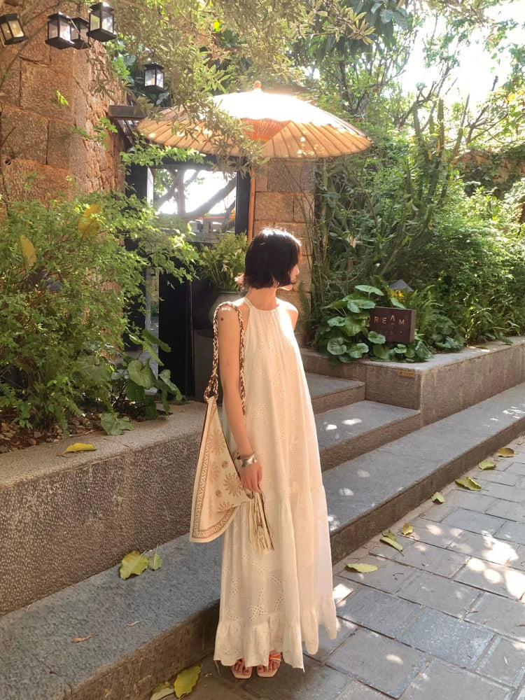 Bohemian White Eyelet Halter Maxi Dress
