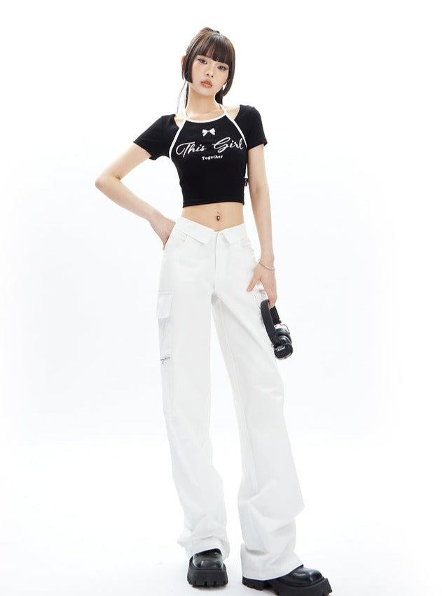 Wide-Leg Cargo Pants with Collar Waistband