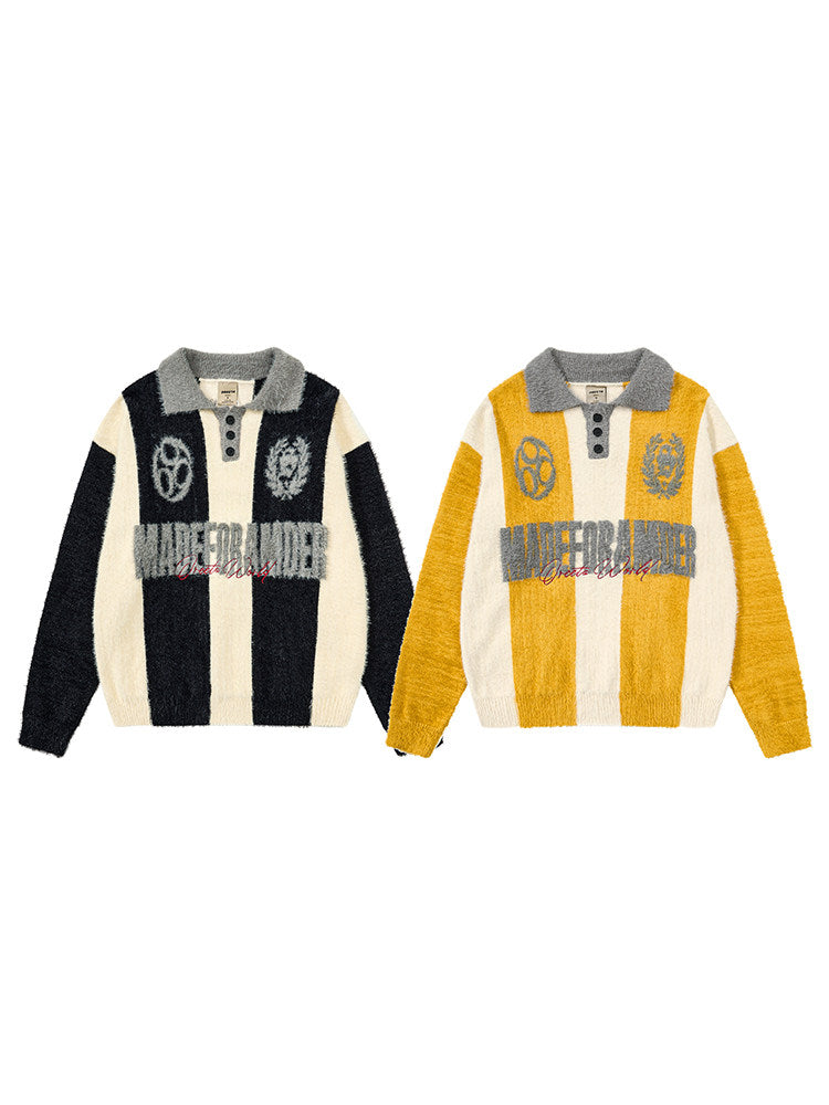Men's Striped Embroidered Button Polo Knit Sweater
