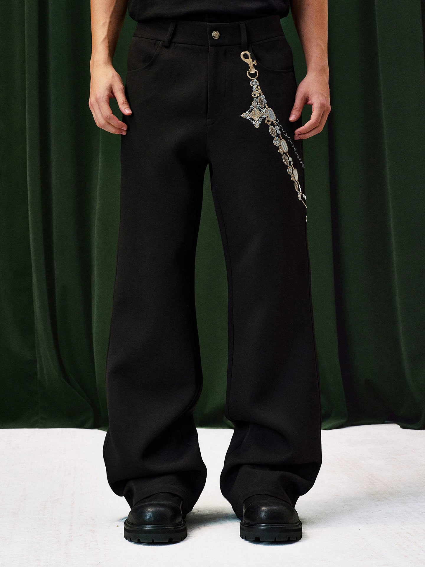 Jeweled Chain Detail Wide Leg Pants