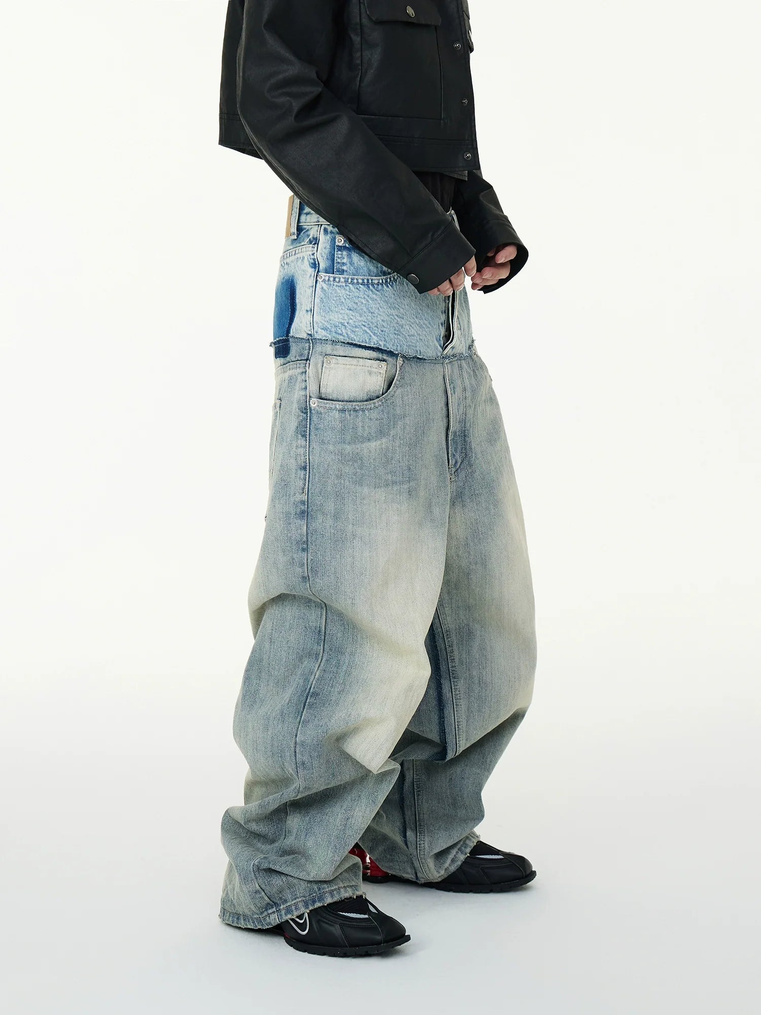 Layered Two-Tone High-Waisted Baggy Jeans