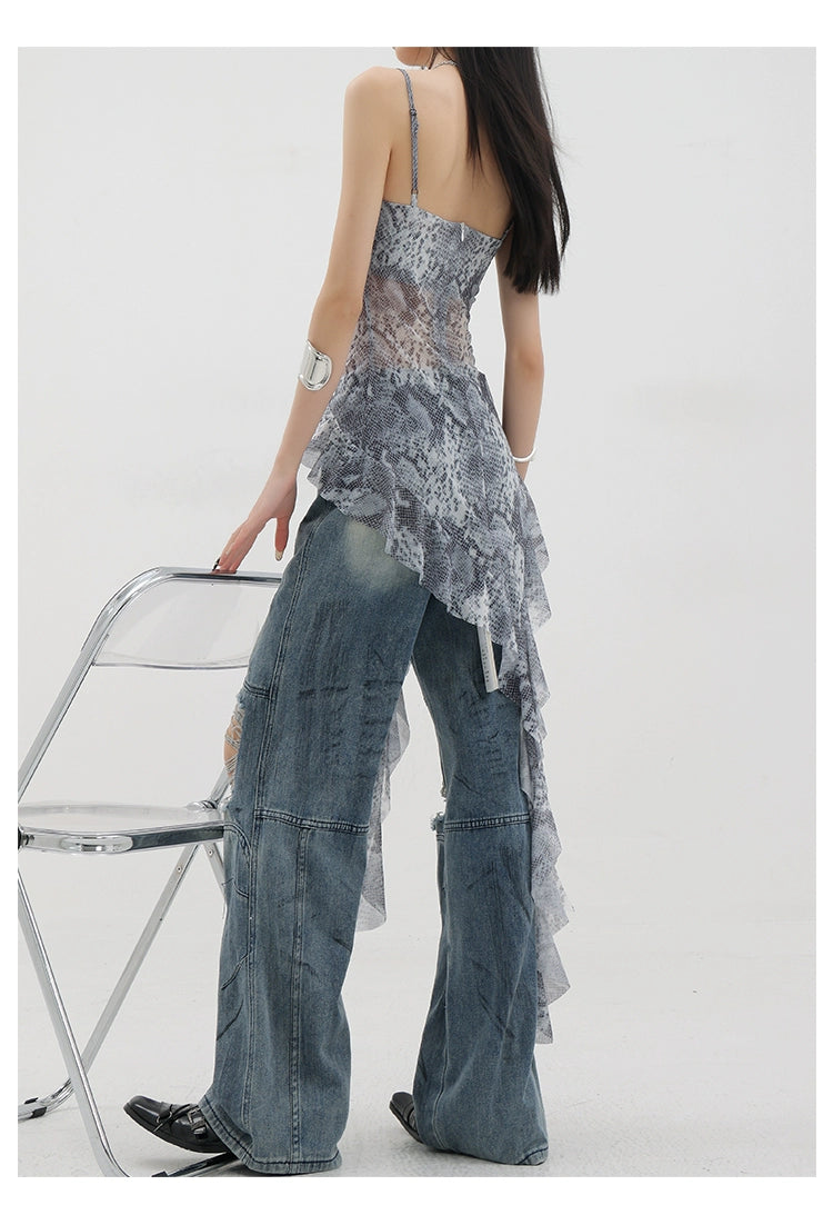 Vintage Distressed And Dirt-Dyed Patchwork Wide-Leg Jeans - chiclara