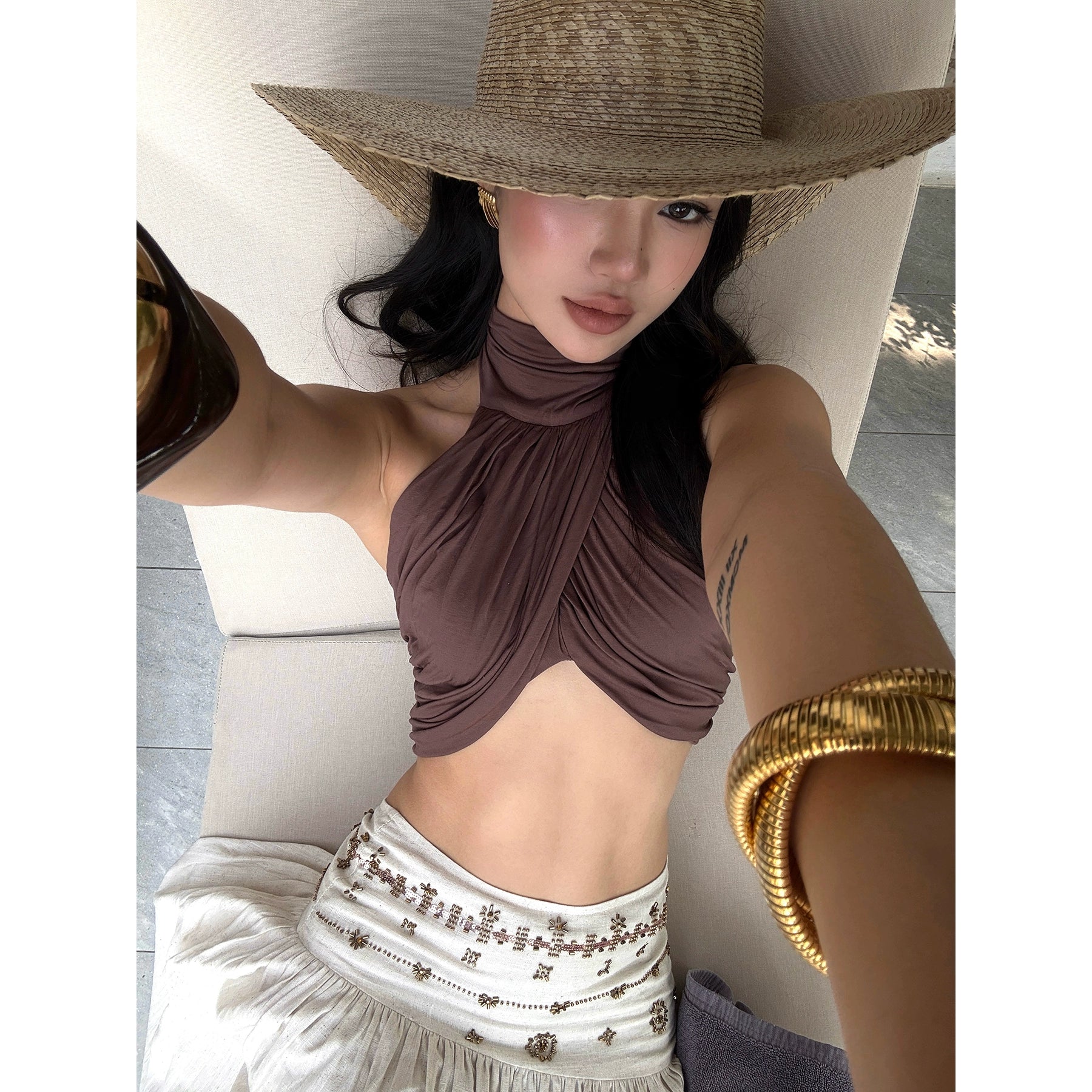 Brown Halter Neck Cut-Out Crop Top