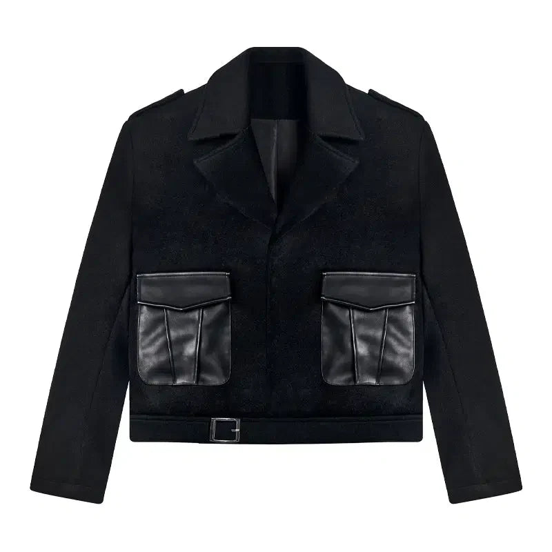 Black Military-Style Cropped Jacket with Leather Pockets - chiclara