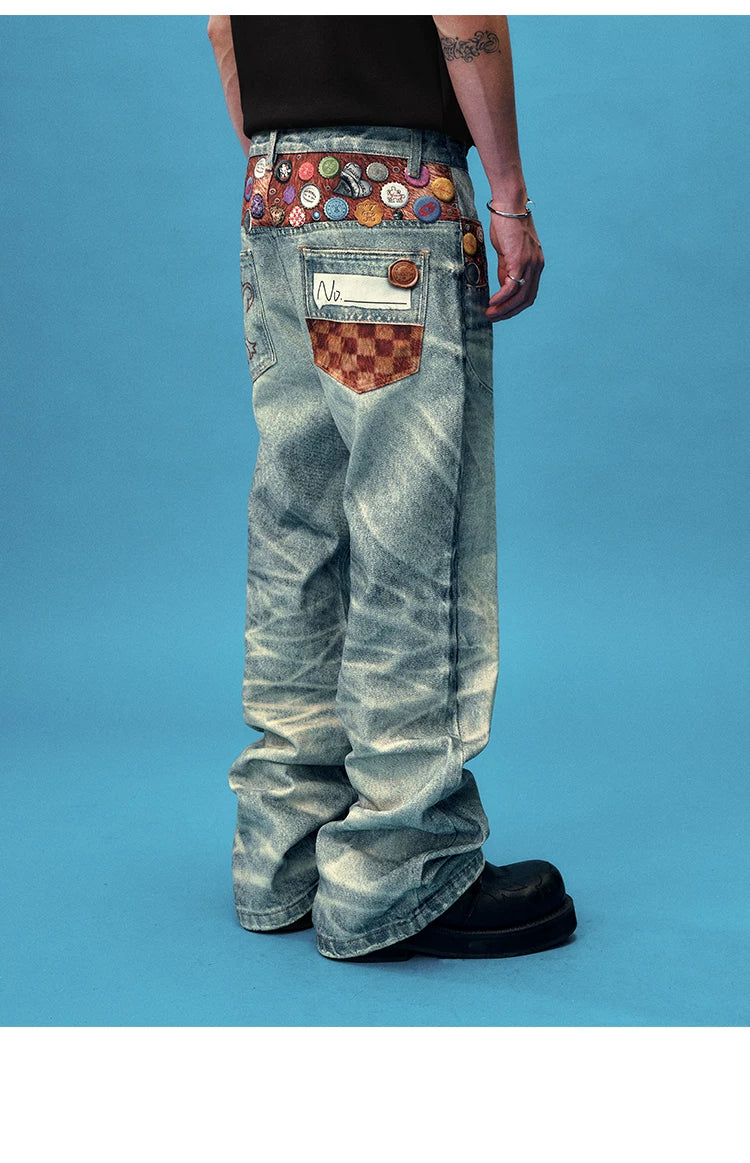 Badge Embellished Washed Wide Leg Jeans