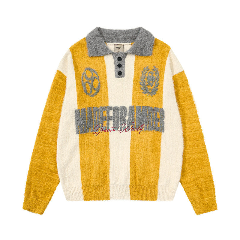 Men's Striped Embroidered Button Polo Knit Sweater