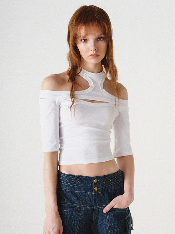 NORTH NODE Avant-Garde Cut-Out Crop Top - White and Charcoal