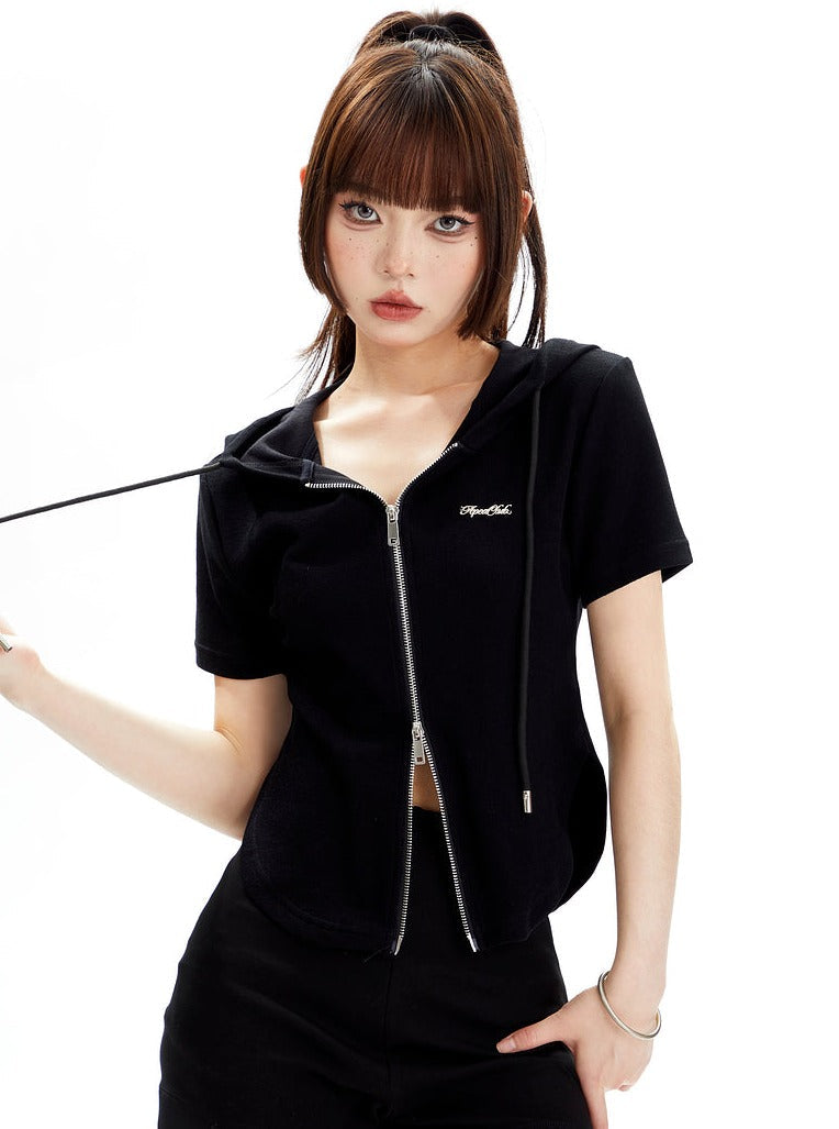 Hooded Zipper Short Sleeve T-shirt