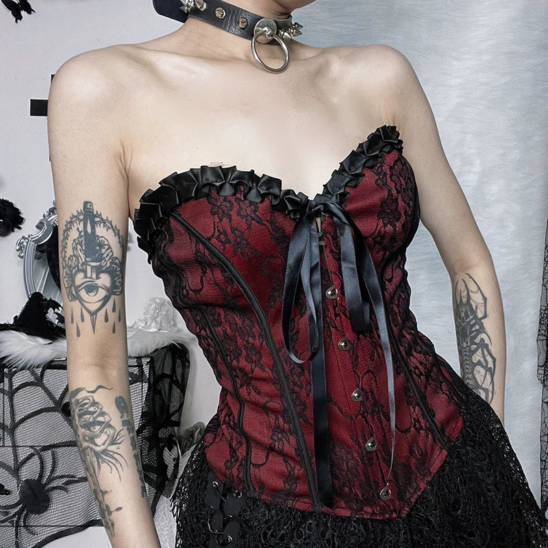 Wannathis Gothic Lace-Up Corset - Red And Black Floral Brocade Bustier With Ruffle Trim