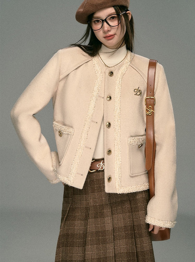 Classic Tweed Cropped Jacket: Beige Button-Front Blazer with Frayed Edges and Gold Logo Pin