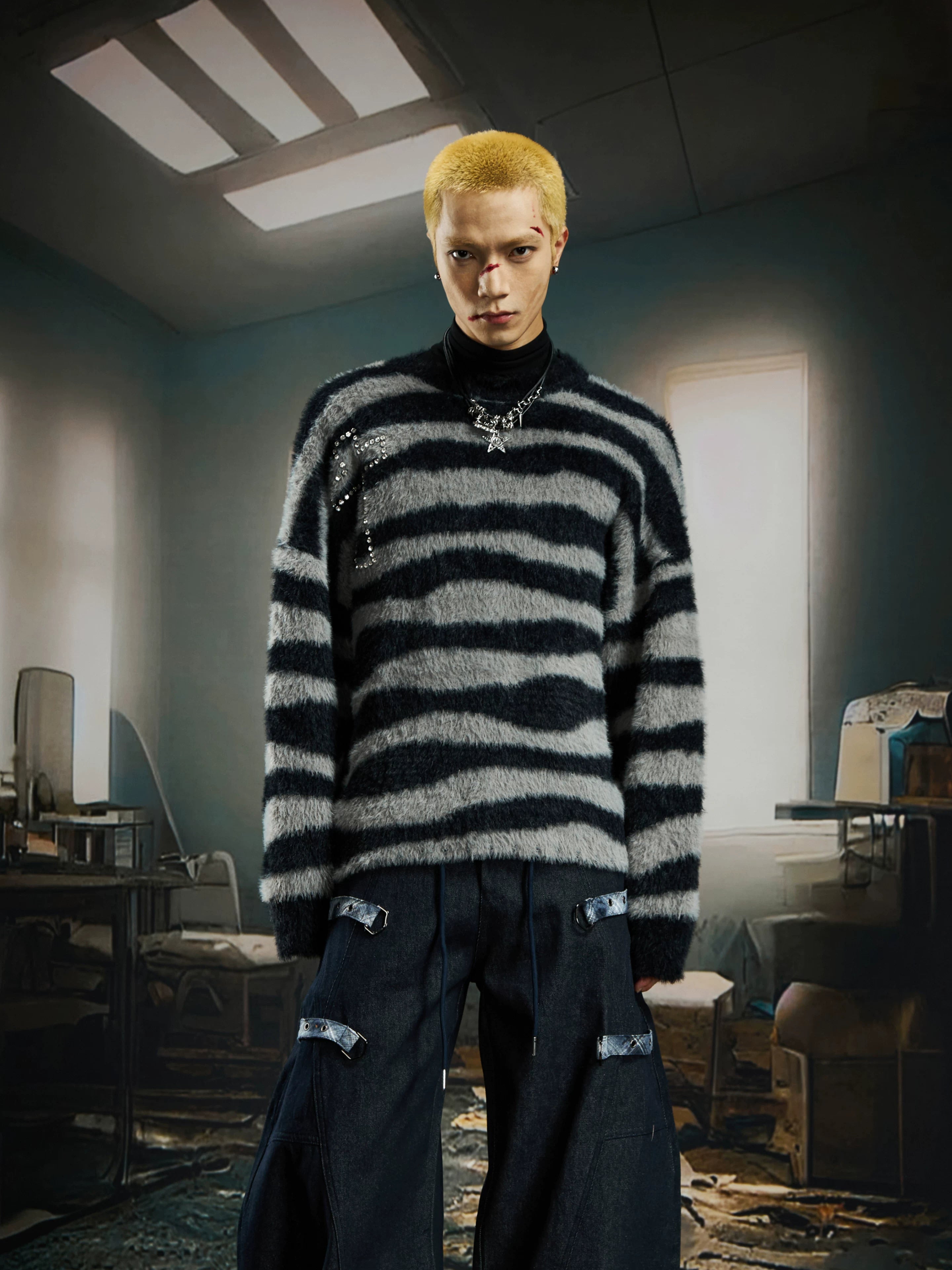 Crucifix Zephyr Striped Fuzz Sweater