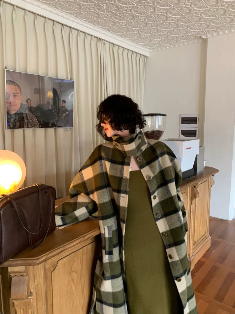 Olive Green Plaid Button-Up Wool Coat