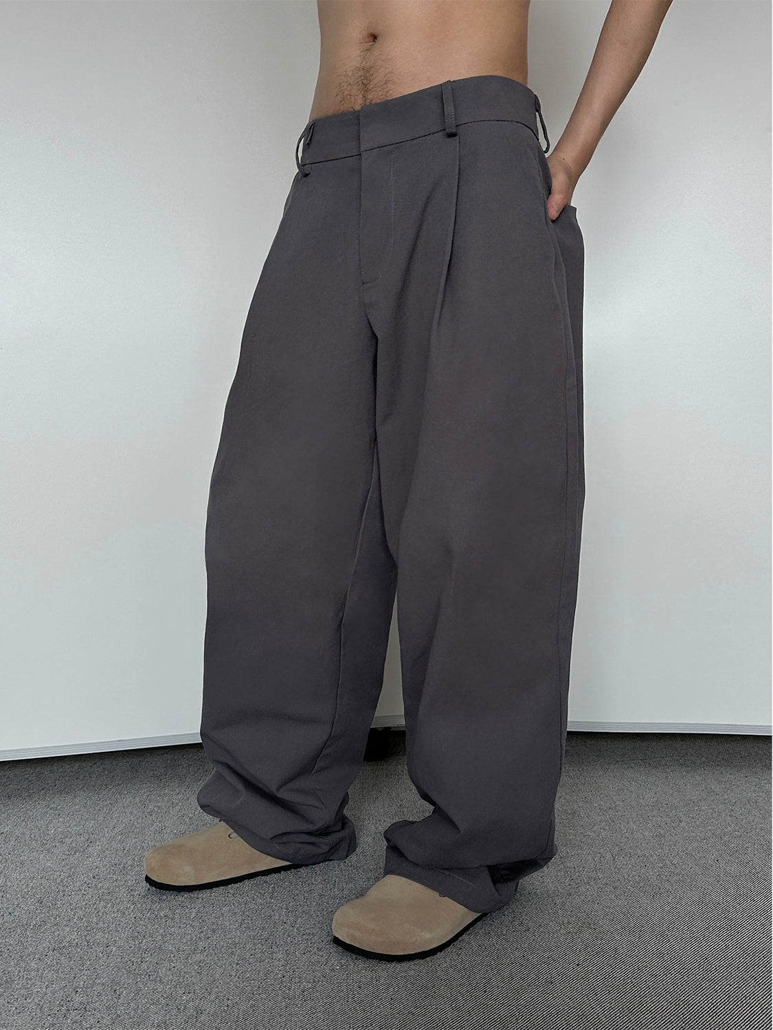 Wide-Leg Pleated Charcoal Grey Trousers