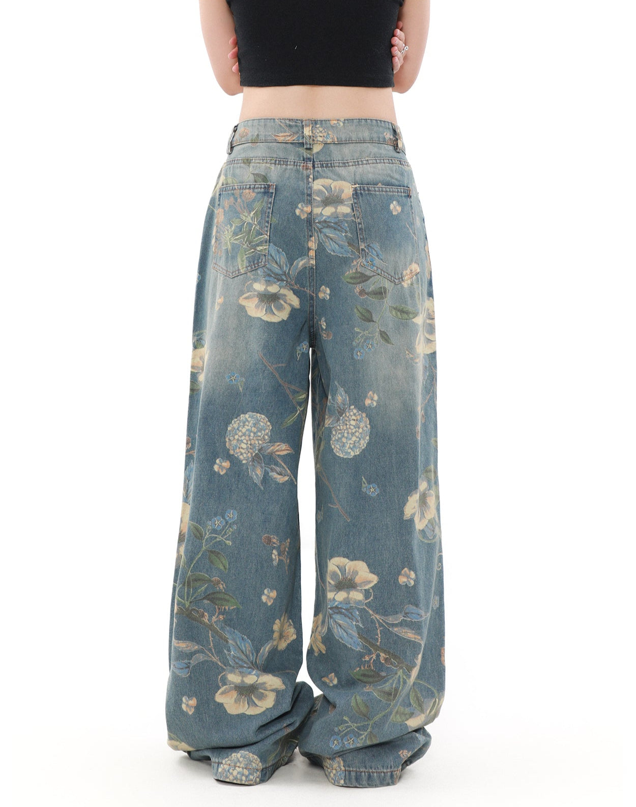 Floral Print Wide Leg Denim Jeans