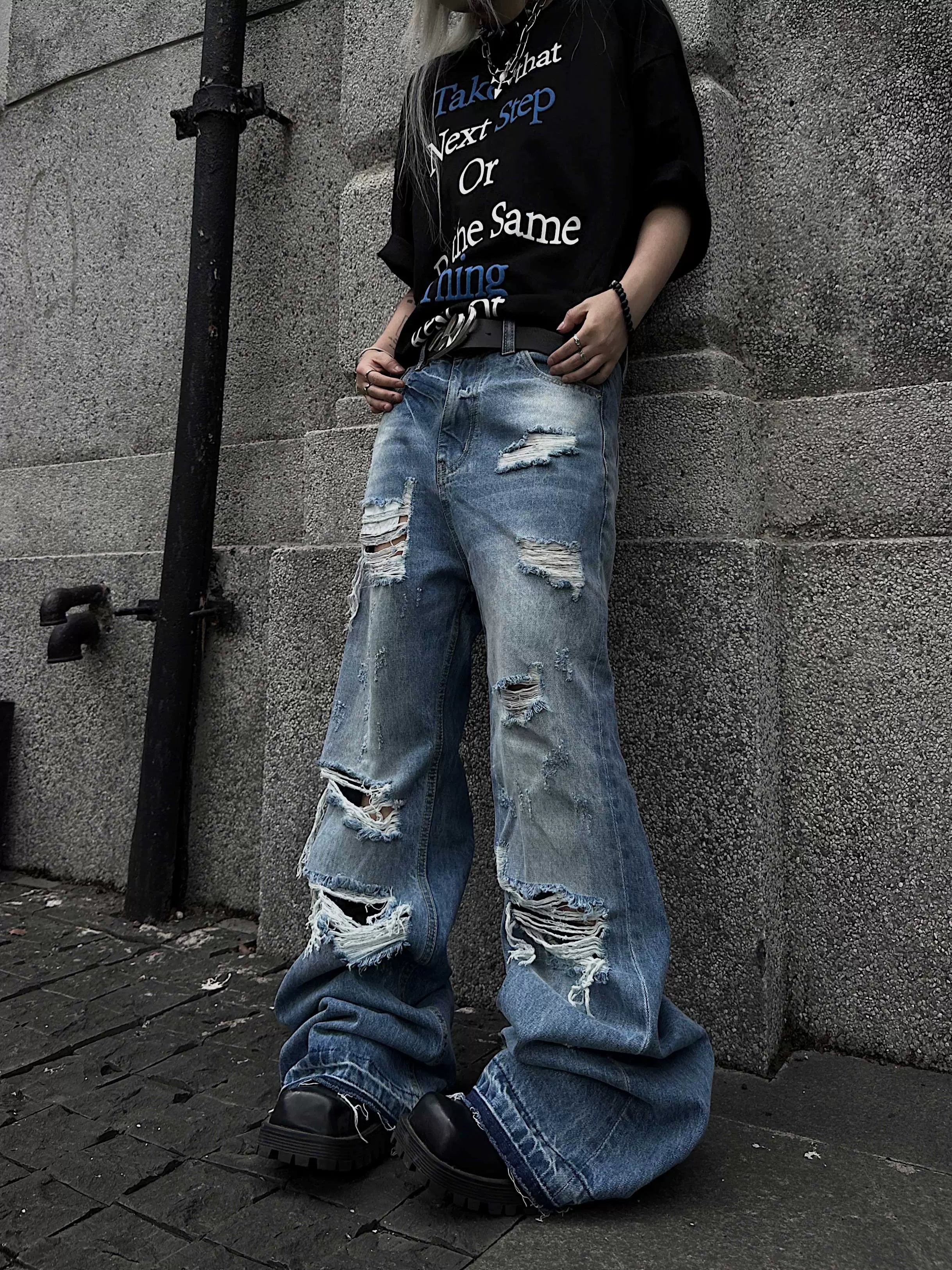 Men's Washed Distressed Fringe Whisker Stacked Flare Jeans