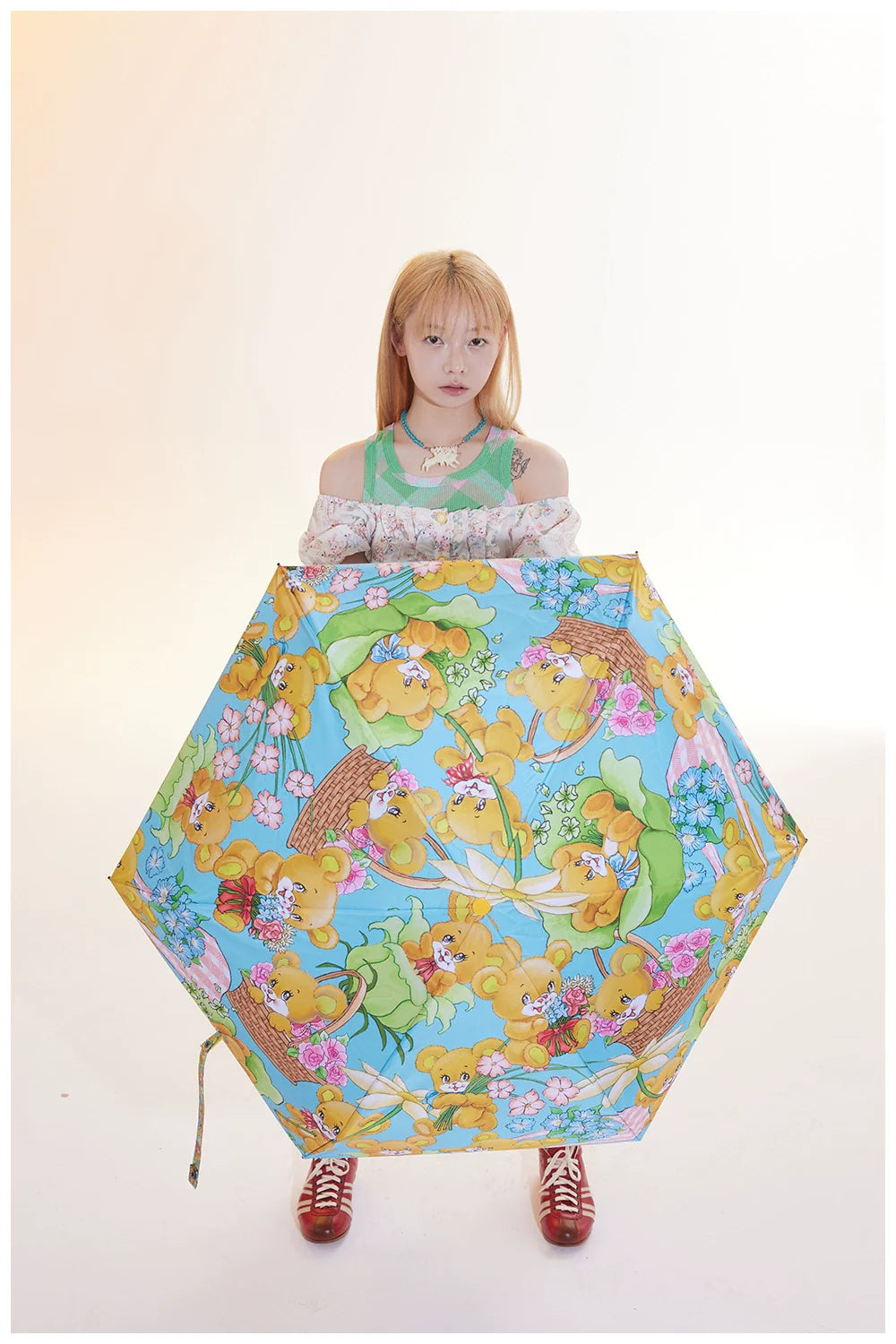 Teddy Bear Floral Print Sun Umbrella