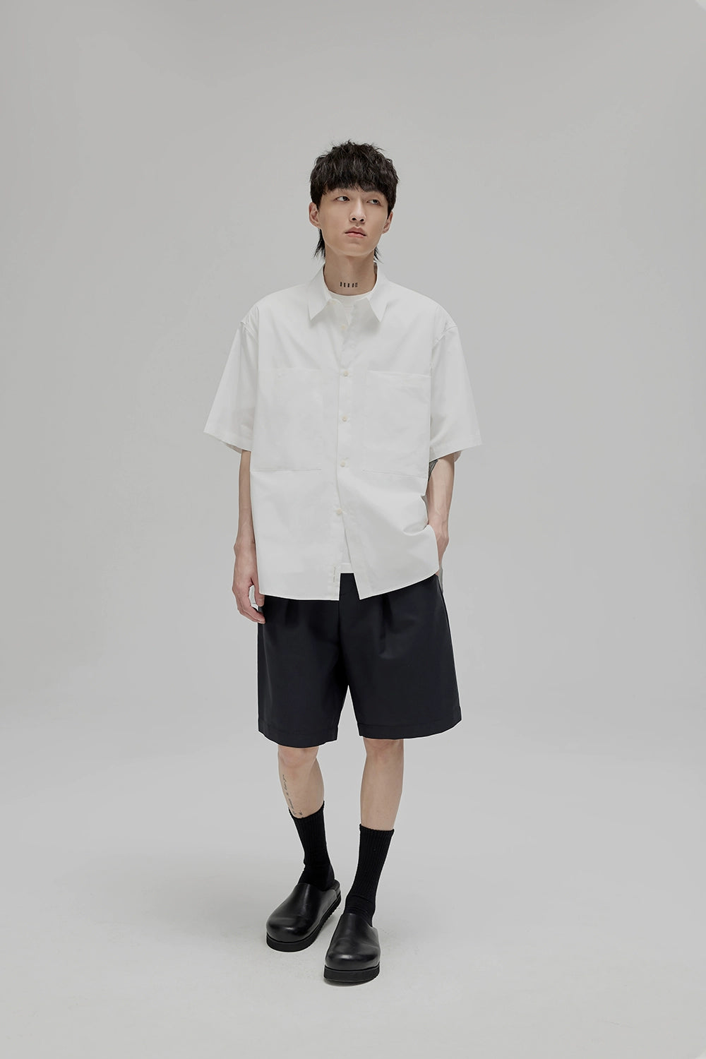 Square Collar Patch Pocket Short Sleeve Shirt