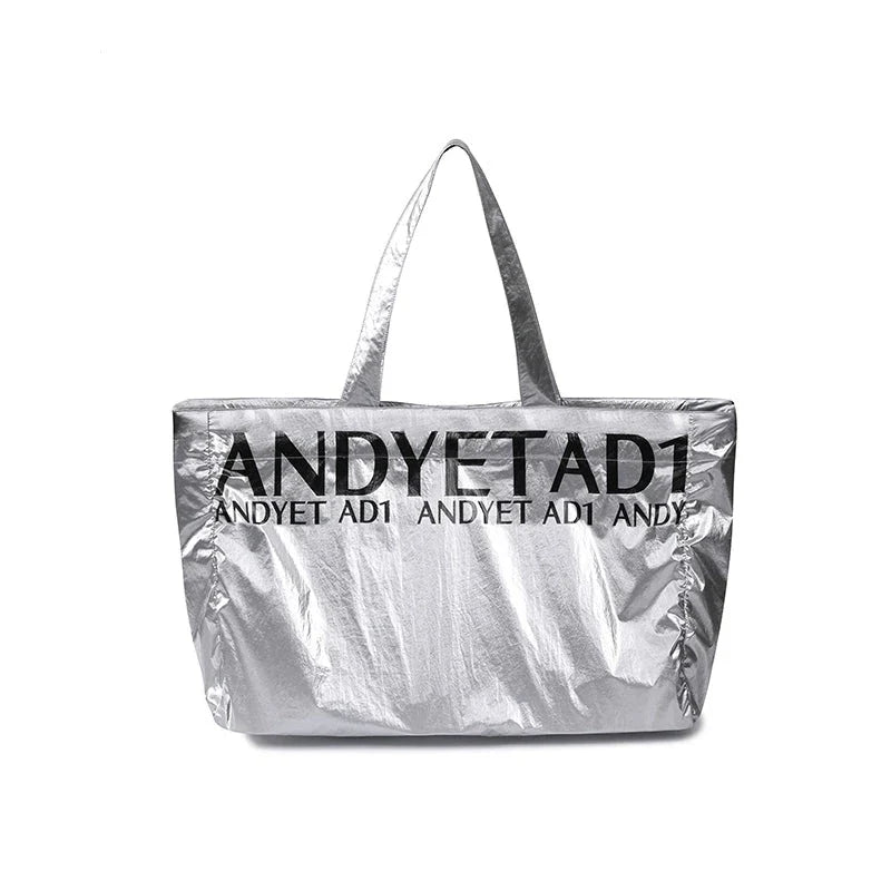 Metallic Silver Oversized Tote Bag: Large Capacity Shopper with Bold Logo Print