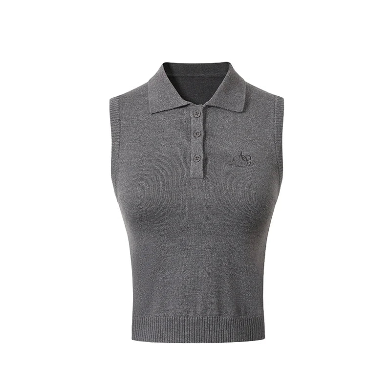 Sleeveless Polo Sweater - Cropped Knit Collared Tank Top