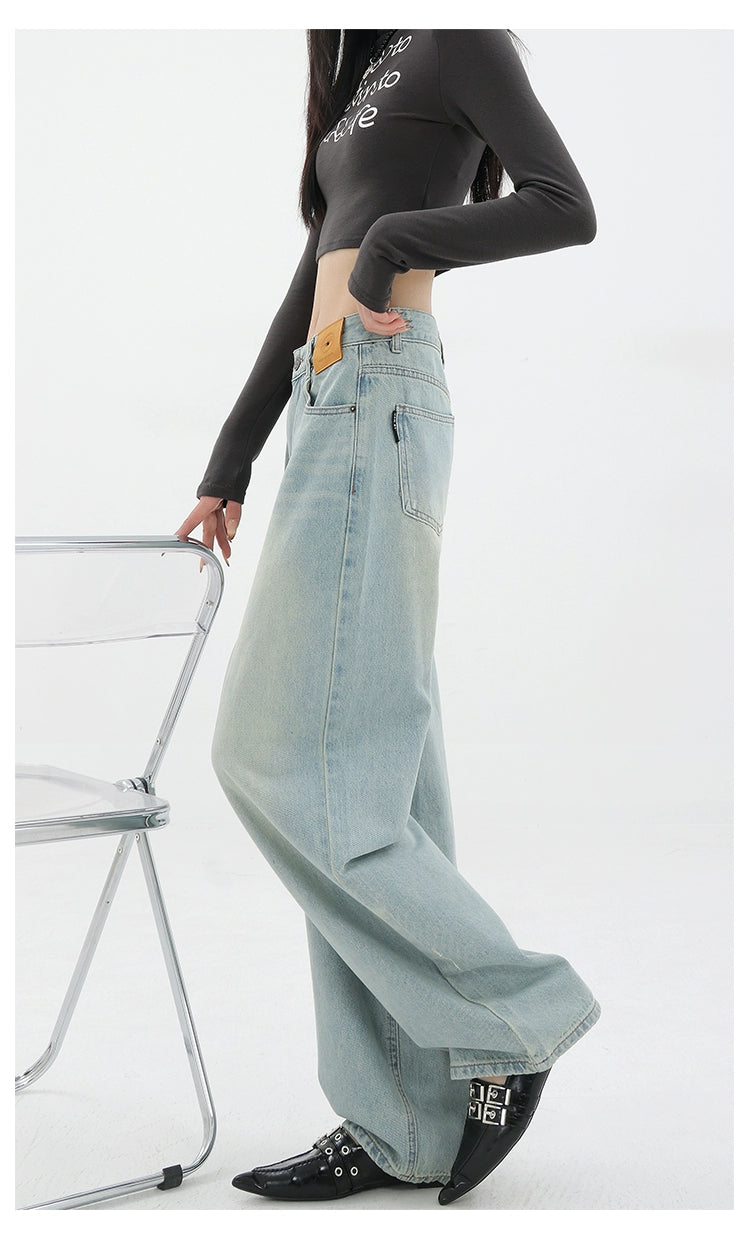 Blue Retro Loose Straight-Leg High-Waist Floor-Length Jeans - chiclara