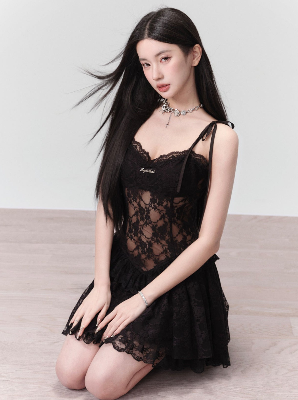 Seductive Black Lace Corset Mini Dress with Tie Straps