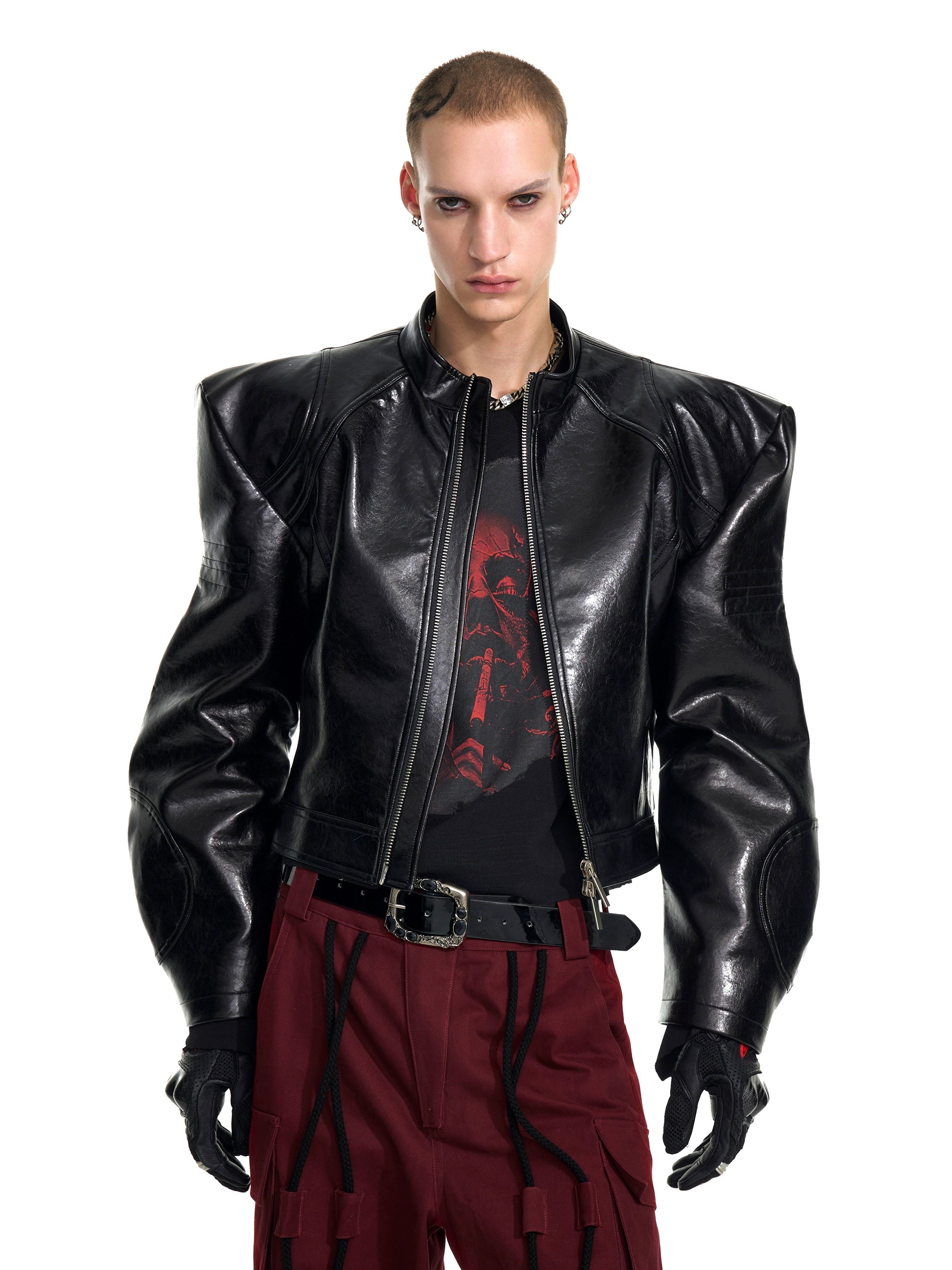Cropped Black Leather Jacket with Abstract Graphic Print