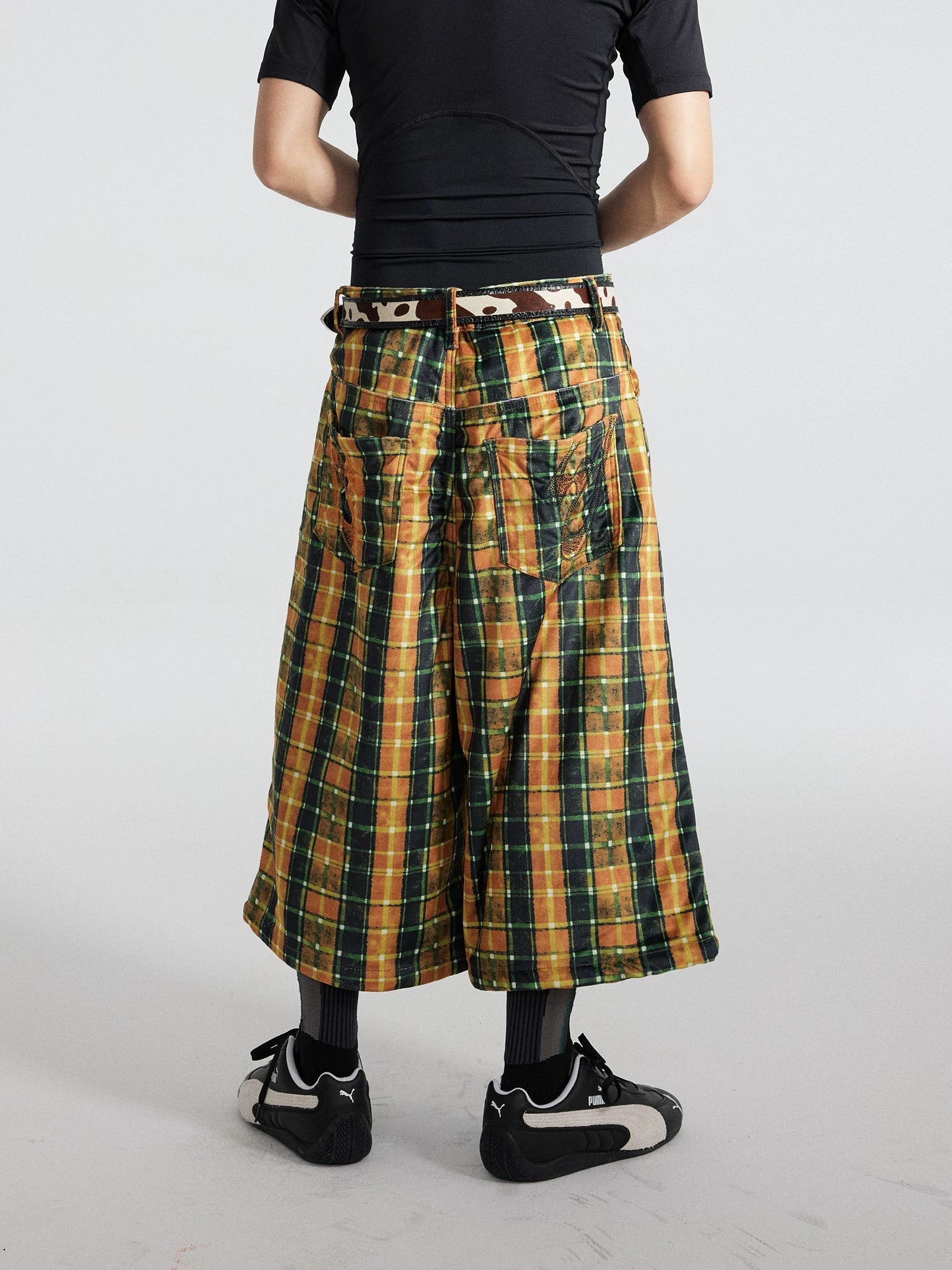 Gutter Plaid Neon-Rust Gaucho Trousers