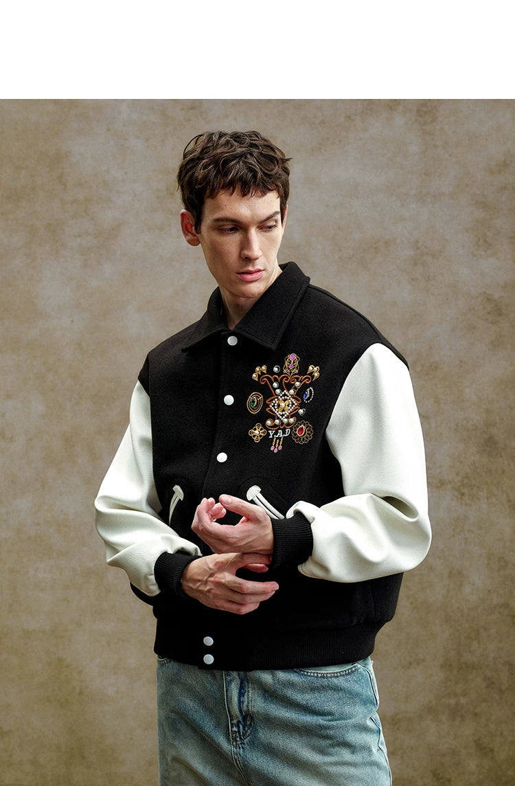 Embroidered Contrast Sleeve Varsity Jacket