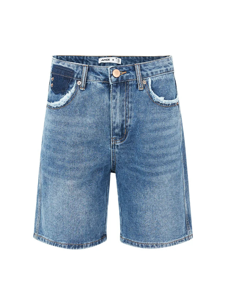 Distressed High-Waist Denim Bermuda Shorts