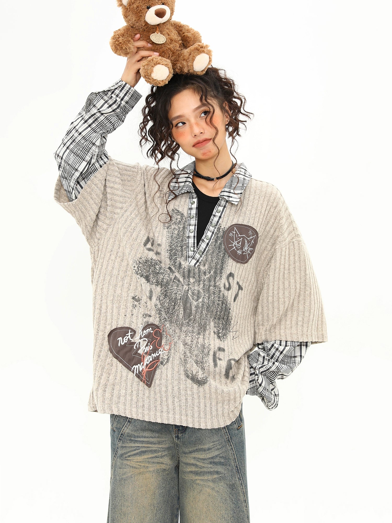 Teddy Graffiti Layered Knit Top