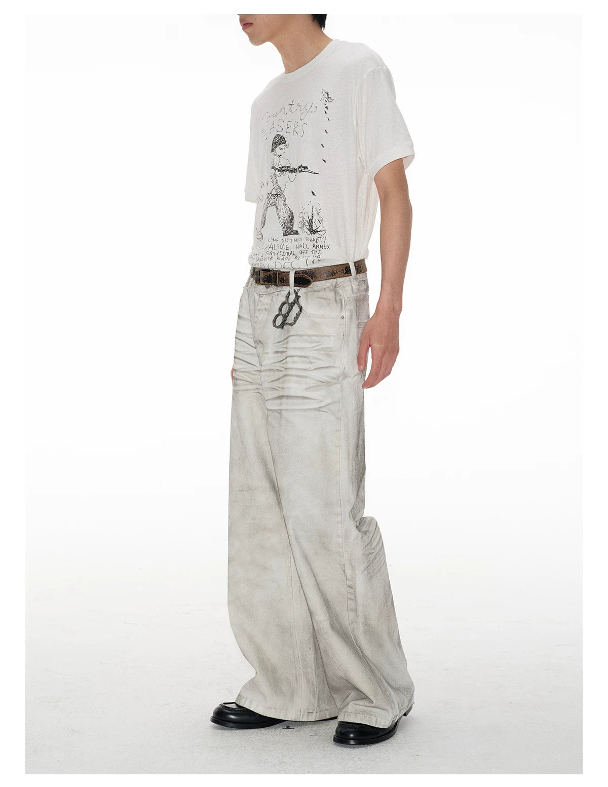 Faded White Ruched-Front Wide-Leg Jeans